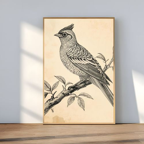 Framed artwork of a bird on a branch against a light background