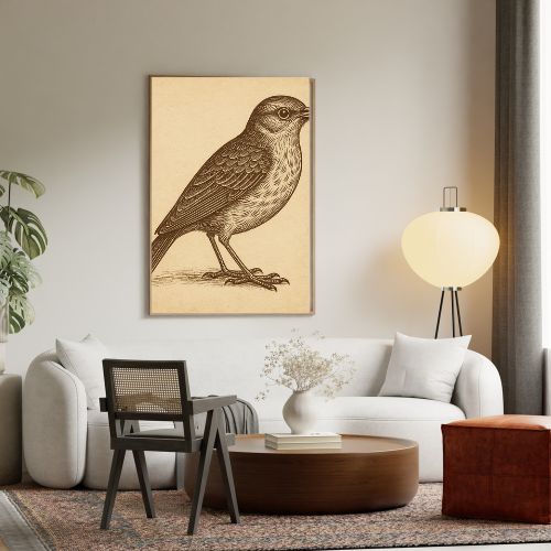 Living room with a bird artwork on the wall, white sofa, and wooden coffee table.