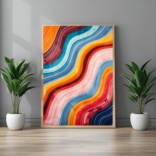 Colorful abstract painting with wavy patterns in a wooden frame, flanked by two potted plants on a wooden floor.