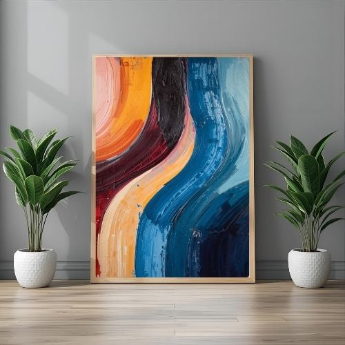Abstract painting with wavy patterns in a wooden frame, flanked by two potted plants on a wooden floor.