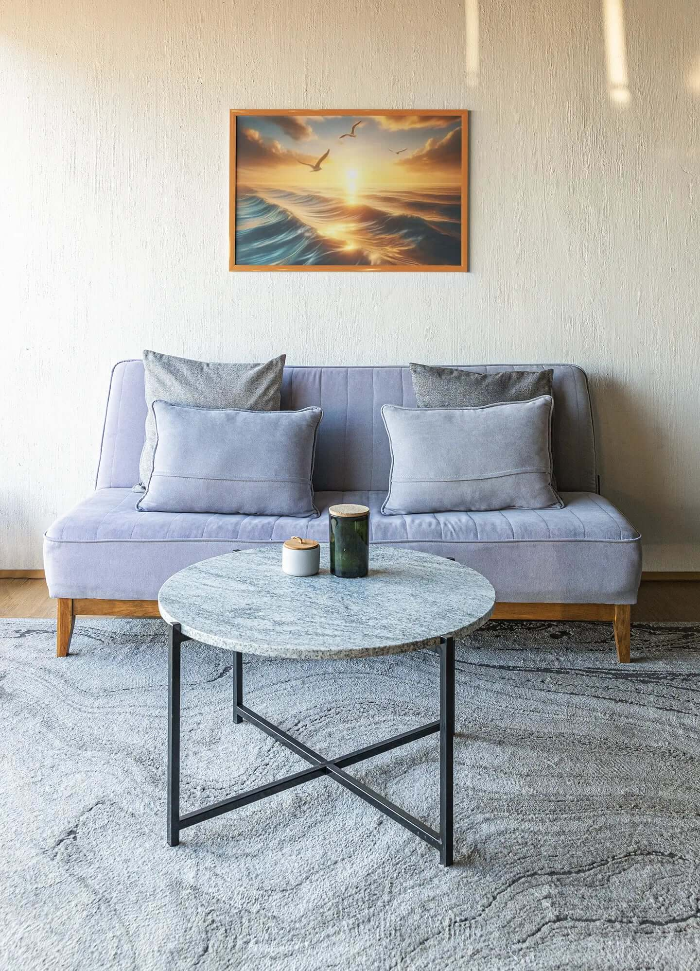 Golden Sunrise Over the Ocean – Digital Art Print (Instant Download) displayed above a modern sofa in a cozy living room.