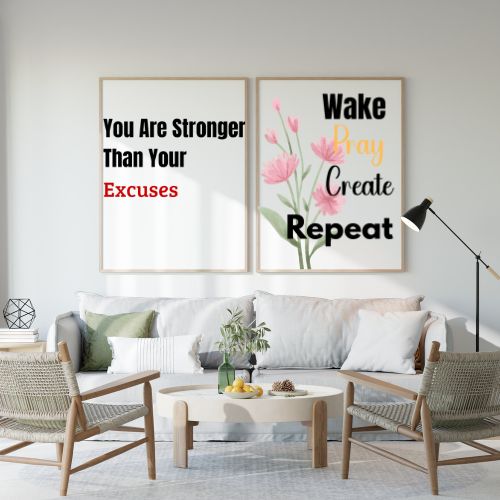 Living room with motivational posters on the wall
