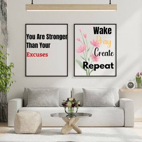 Living room with motivational posters on the wall, a couch, and decorative items.